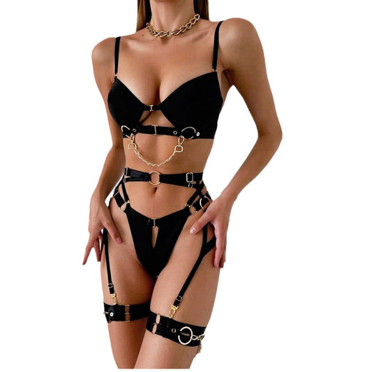 Sexy  Metal Chain Motorcycle Accessories Complex Craft Front Button Erotic Underwear Four-Piece Set eprolo