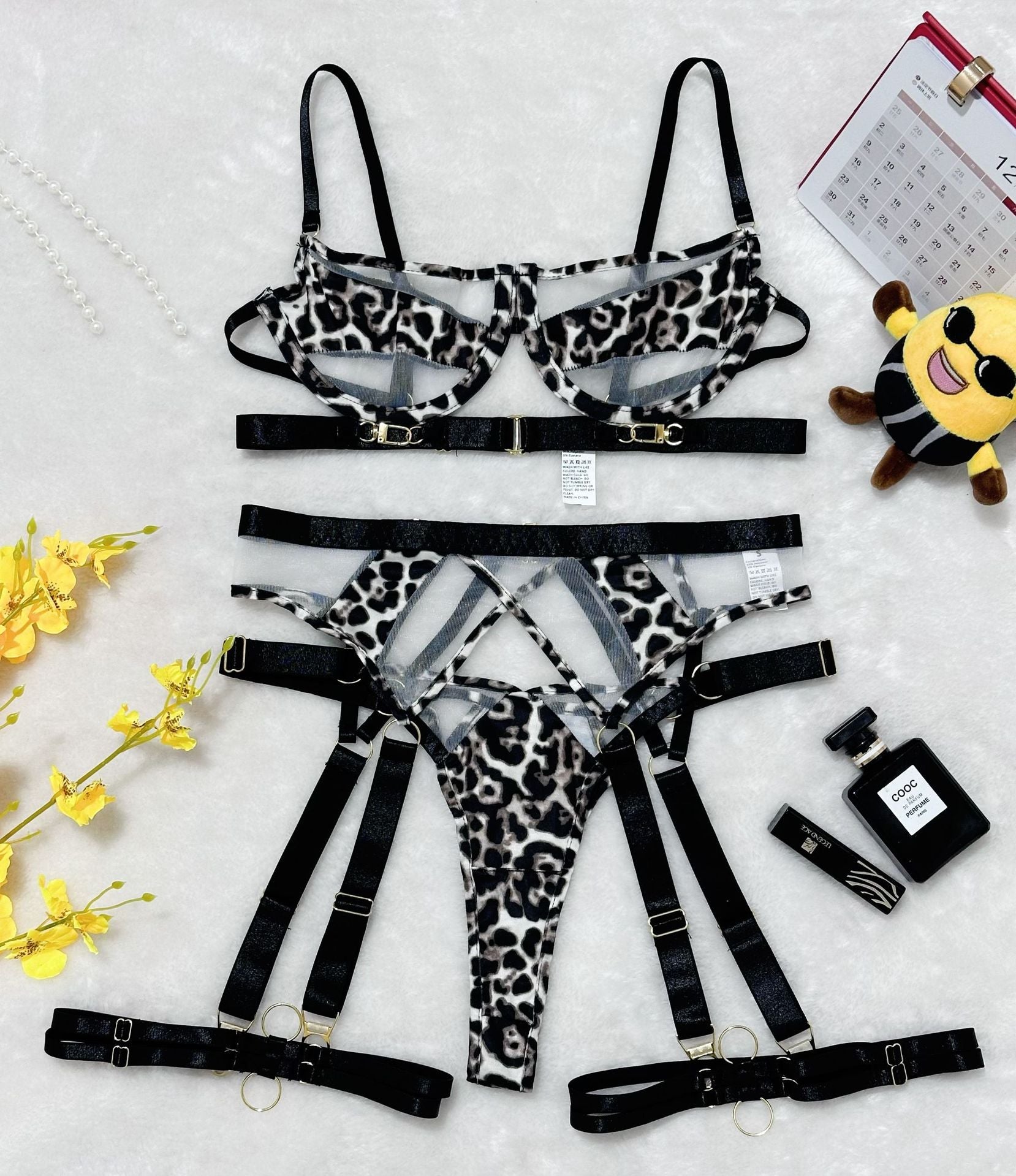 Complex Craft Nightclub Leopard Print Splicing Mesh Waist Shaping Sexy Lingerie Set eprolo