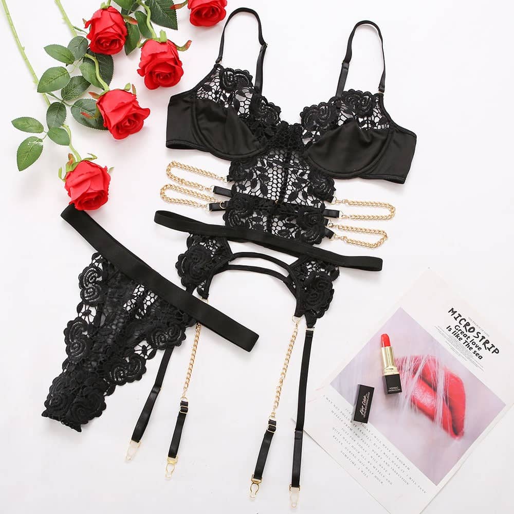Modena New Three-Point Hollow Black Erotic Backless Lace Ladies Sexy Suit 21372 eprolo