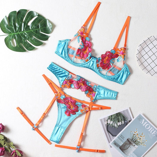 Sexy Colorful Embroidered Large Flowers With Steel Ring Bra Garter Belt Leggings Thong Erotic Underwear 4Pcs Set eprolo