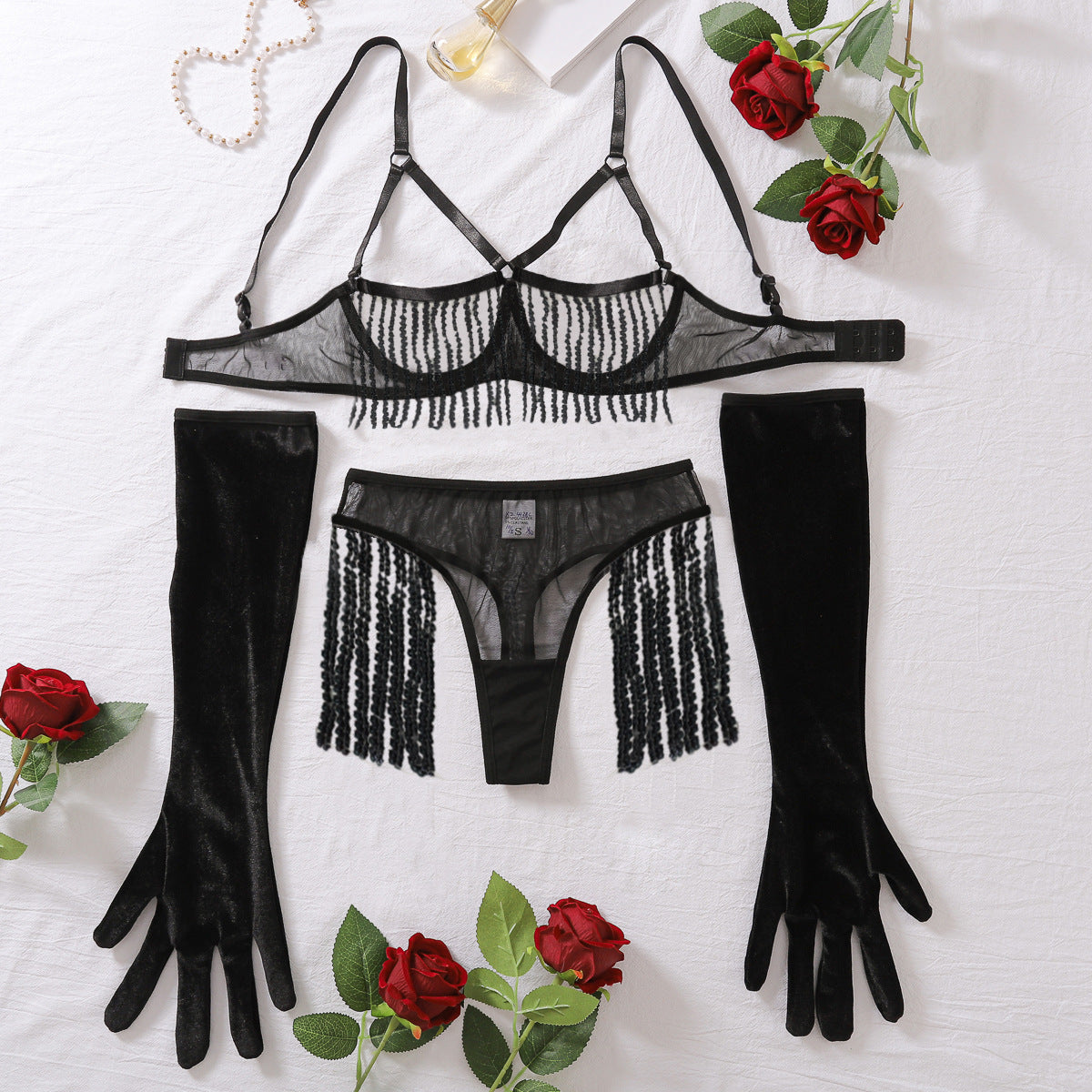 Sexy lingerie three piece set see through mesh glitter chain fun suit with gloves eprolo