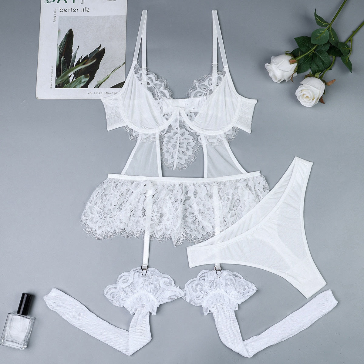 Long Net Stockings White Lace Eyelash Fringe Hollow-out Splicing Cute Skirt Hem Strapless Top Three-piece Set eprolo