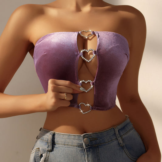 Heart Cut-Out Diamond Strapless Top – Rhinestone Crop Vest in Pink | KYLALINGERIE