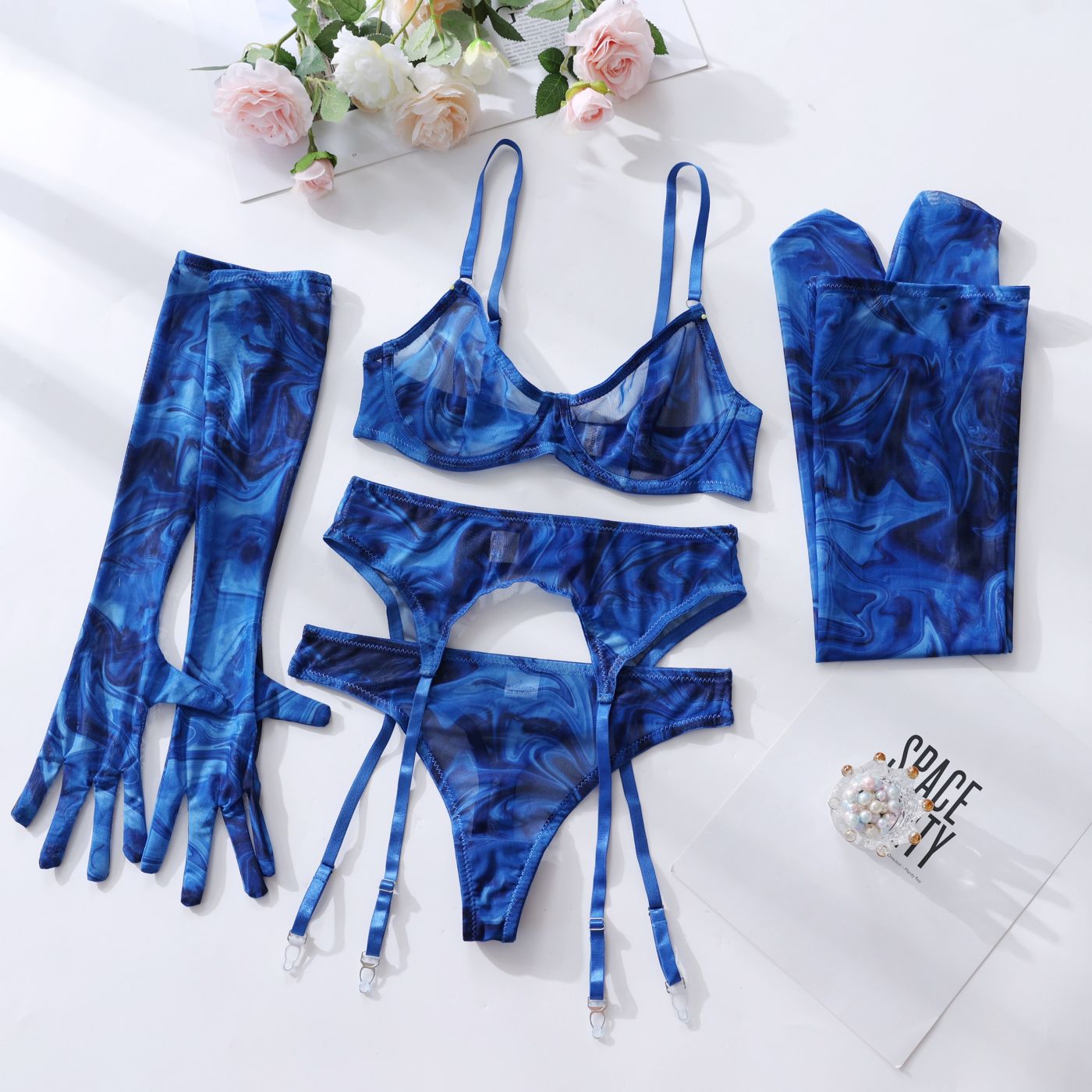 Lingerie Set with Gloves and Stockings - Mesh Printed Design eprolo
