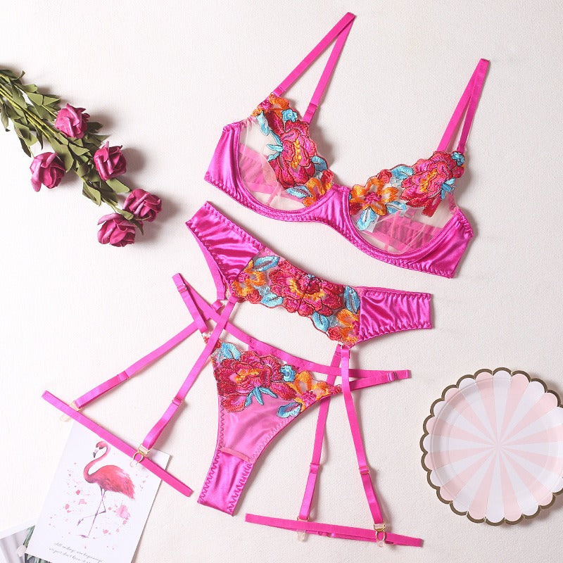 Sexy Colorful Embroidered Large Flowers With Steel Ring Bra Garter Belt Leggings Thong Erotic Underwear 4Pcs Set eprolo