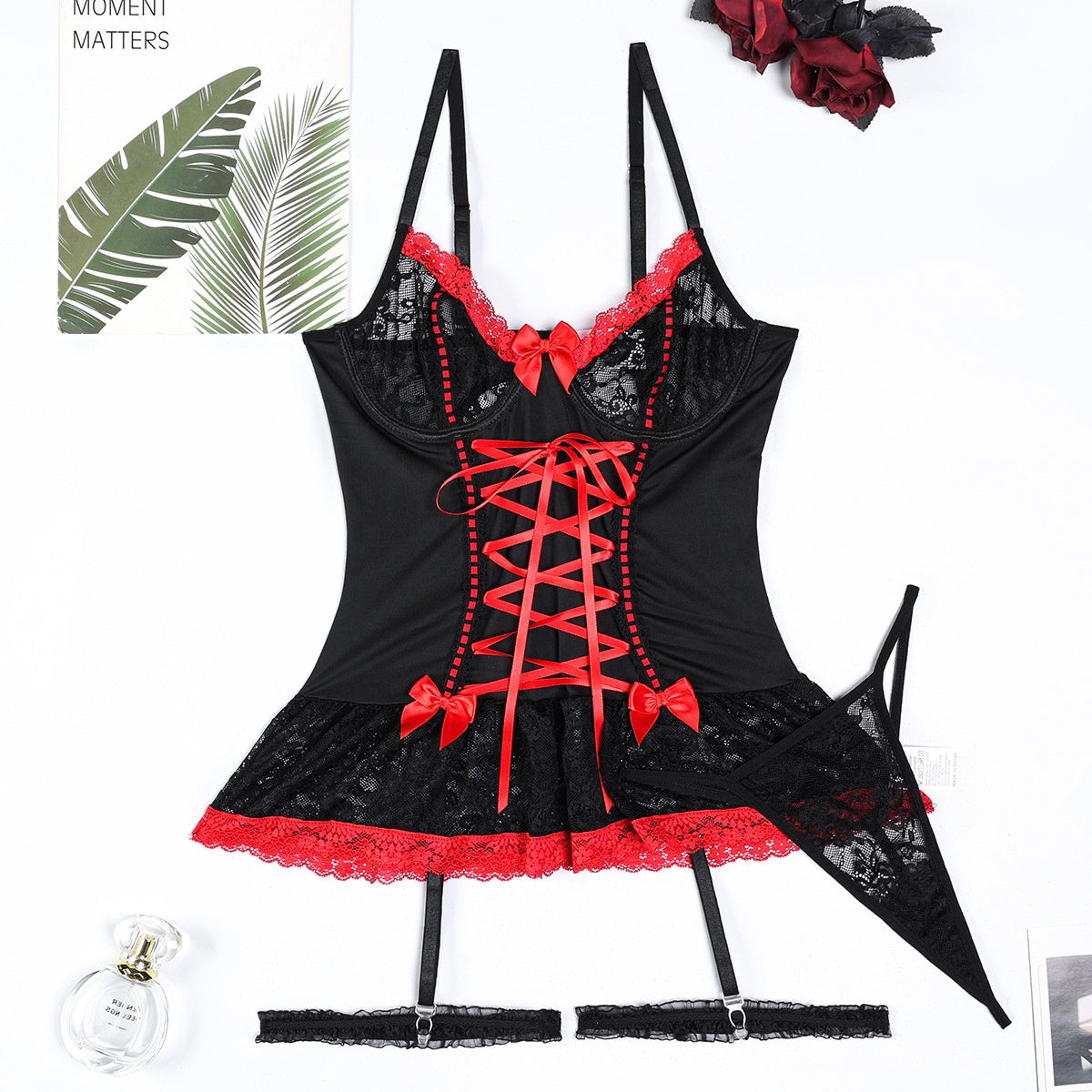 Women's Lace Cross-Tied Bow Lingerie Set – Student Uniform Role Play Cute Girl 2-Piece