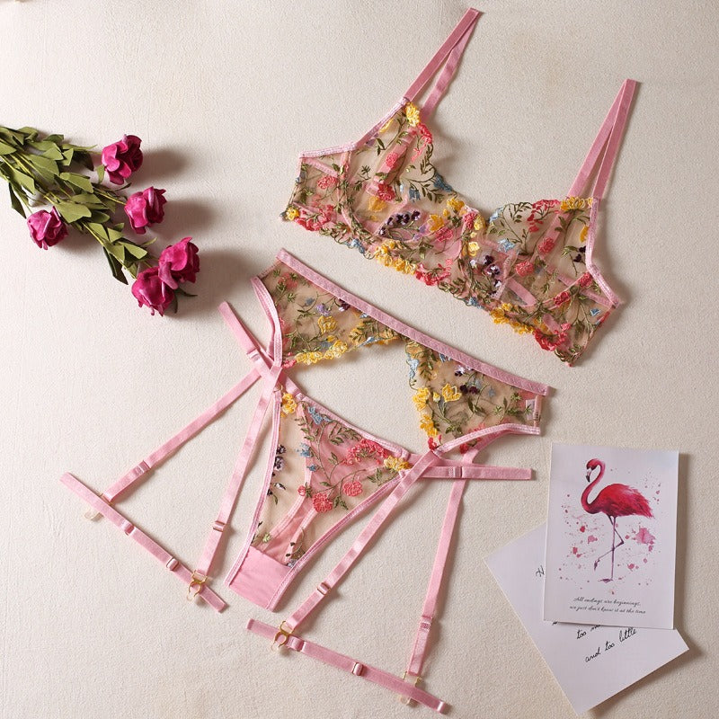 Sexy Perspective Yellow Pastoral Floral Bra Pendant with T-shaped Trousers with Leg Rings Three piece Funny Underwear Set eprolo