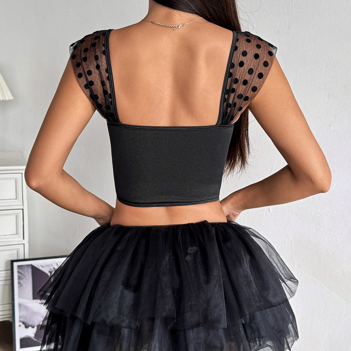 Polka Dot Mesh Pleated Backless Top – Fitted Strapless Crop with Chest Padding in Black | KYLALINGERIE