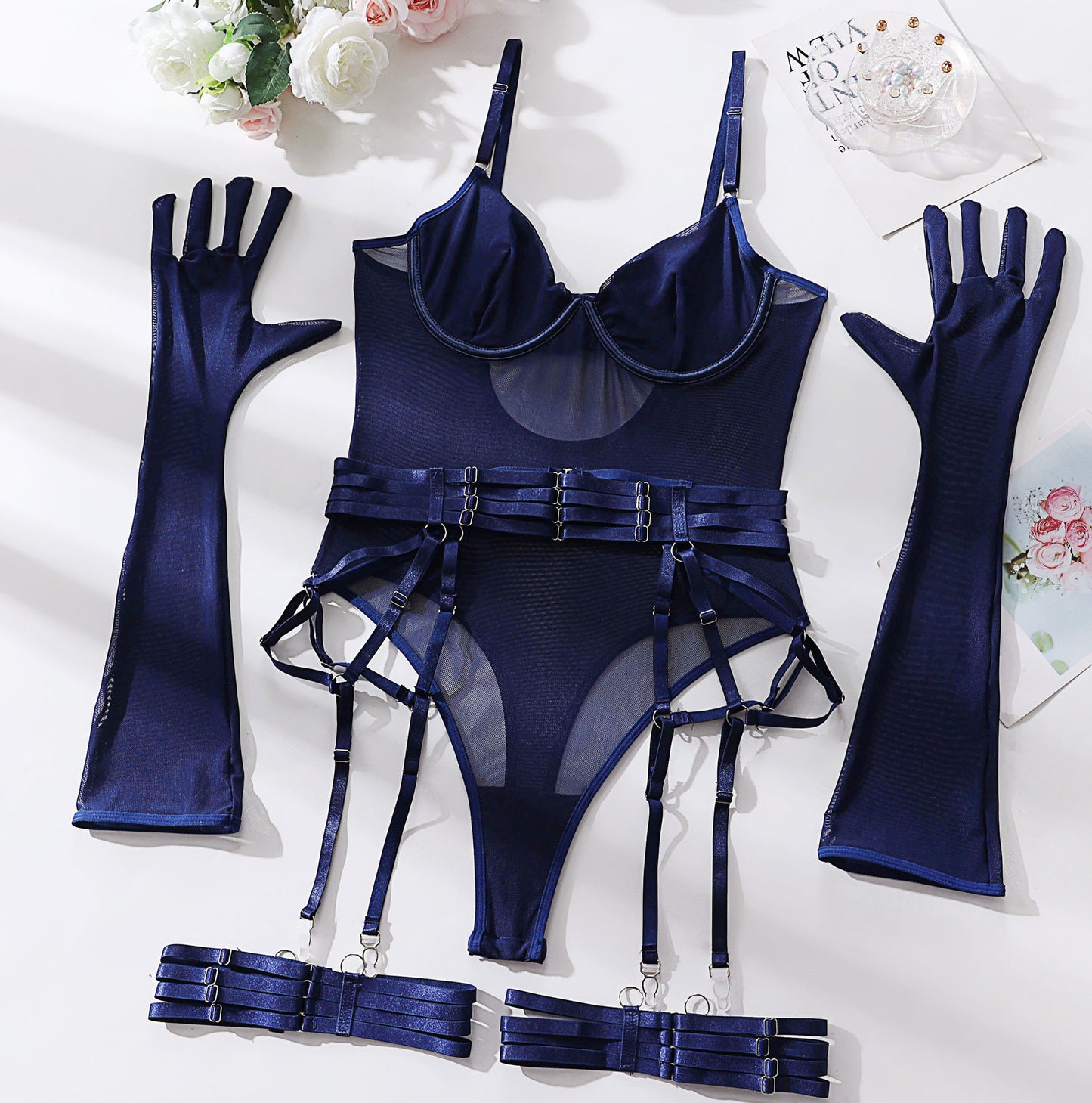 Tulle Bodysuit Lingerie Set with Gloves & Garter – Sheer Mesh Underwear