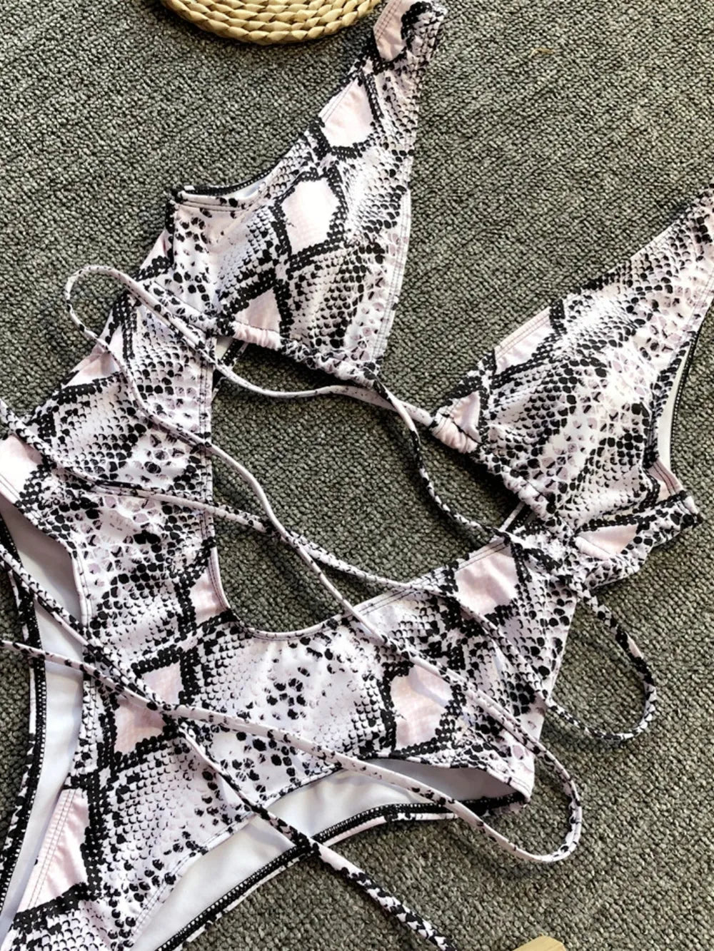 Snake Print Lace-Up Backless One-Piece Swimsuit | Women's Swimwear