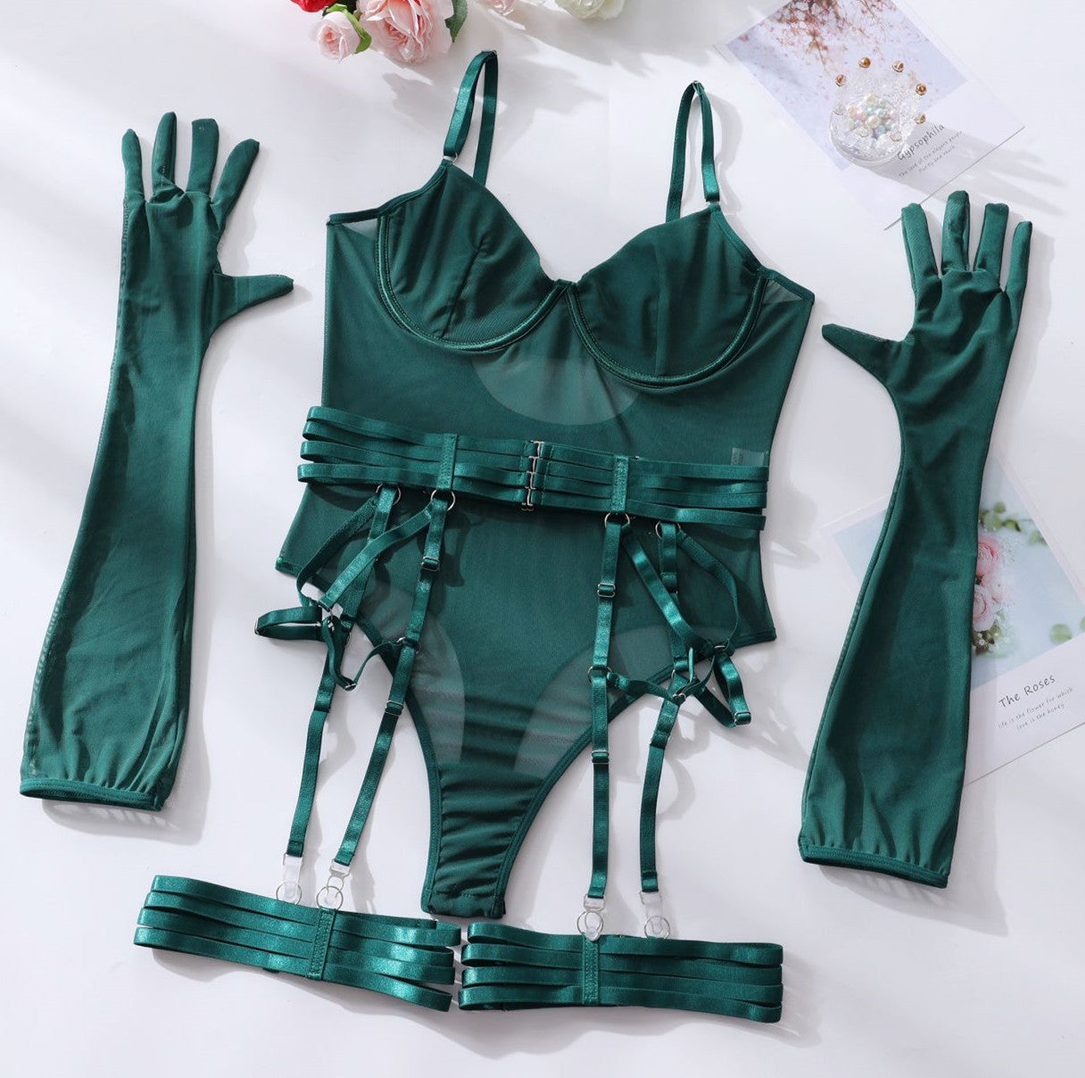 Tulle Bodysuit Lingerie Set with Gloves & Garter – Sheer Mesh Underwear