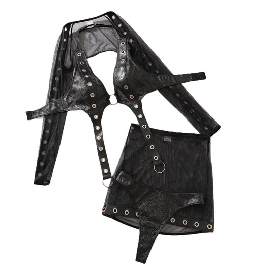 Fashion Splicing Metal Sexy Underwear Bag Hip Skirt Four Piece Set eprolo