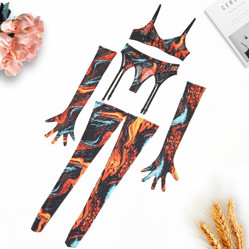 Tie-Dye Colorful Small Bust Gathering Mesh Sexy Lingerie Five-Piece Set for Women eprolo