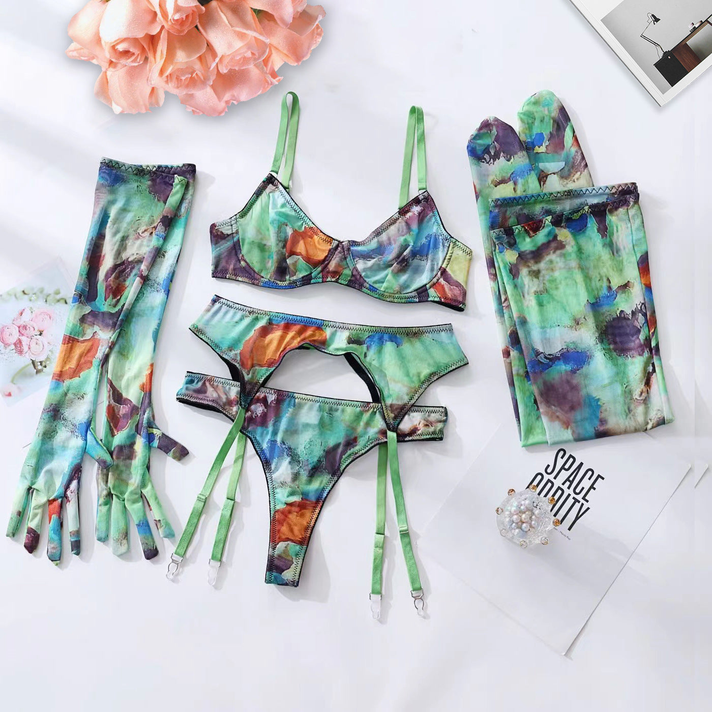 Tie-Dye Colorful Small Bust Gathering Mesh Sexy Lingerie Five-Piece Set for Women eprolo