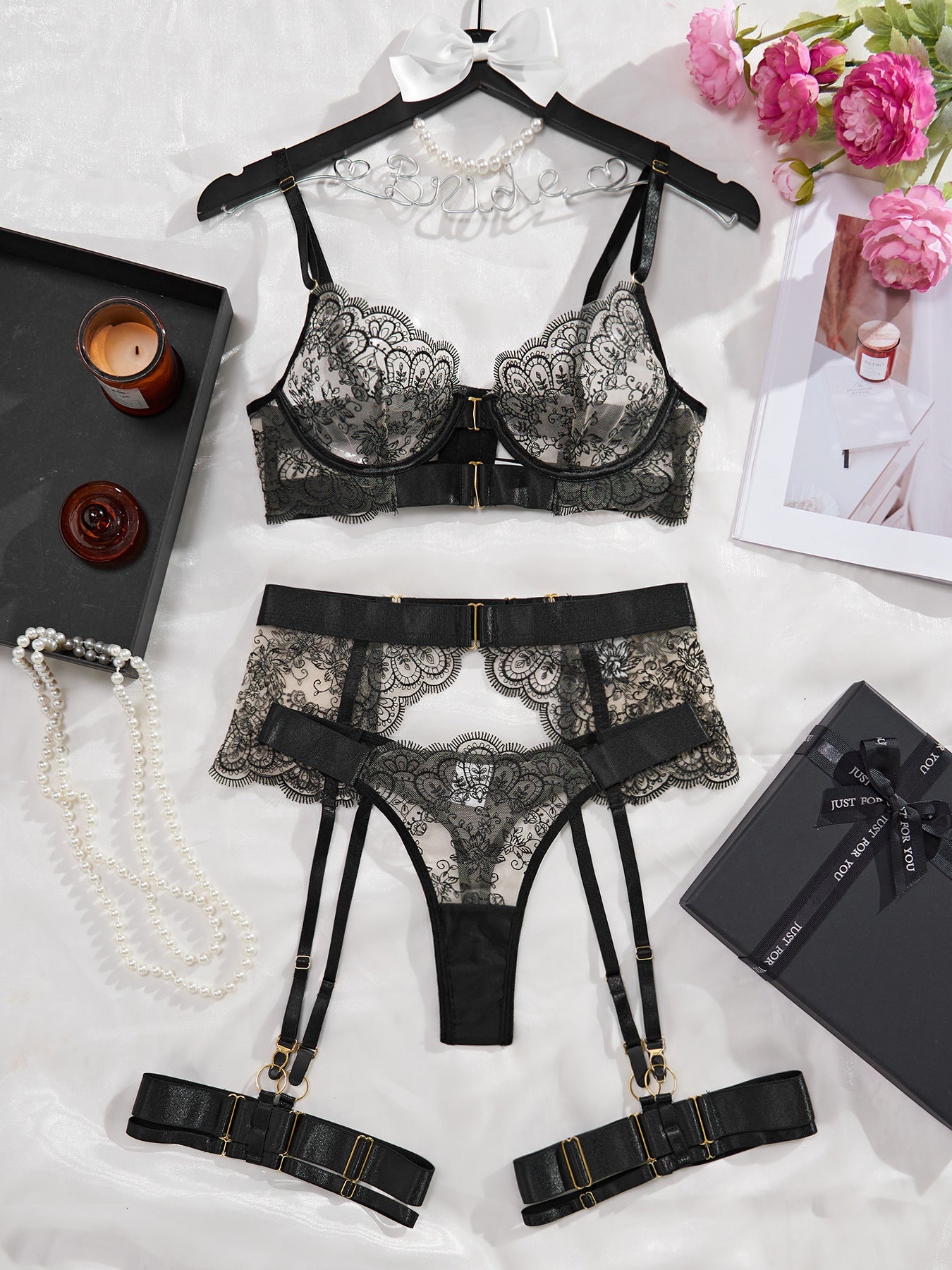 Sexy Lingerie Set for Women - Transparent Embroidered Eyelash Lace Shapewear Four-Piece Suit eprolo