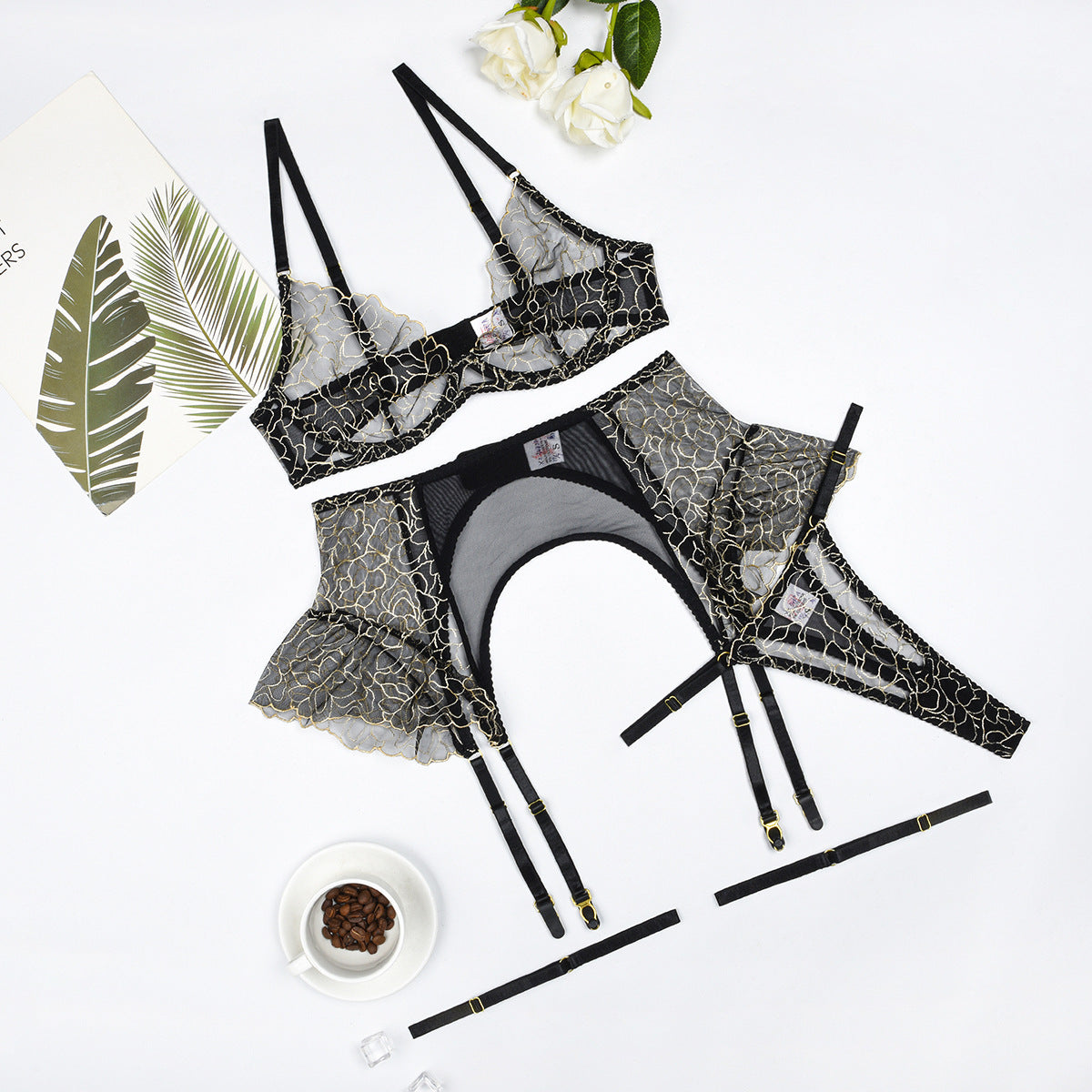 Embroidered lace patchwork mesh ruffle edge sexy lingerie garter belt four piece set eprolo