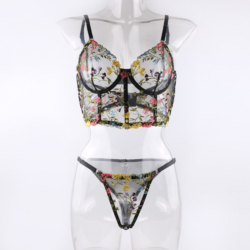 New Black Floral Embroidery with Fishbone Steel Ring Vest Sling Bra Pants Funny Underwear Set eprolo