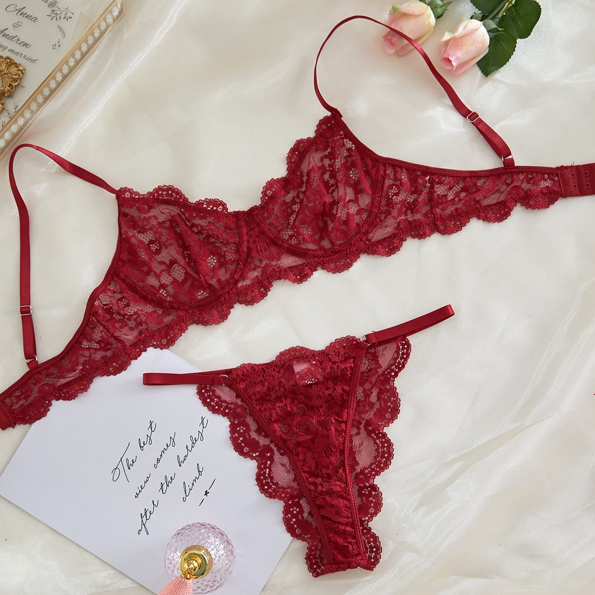 Sheer lingerie set with lace trim for women, featuring delicate lace details and a sexy, feminine design by eprolo.