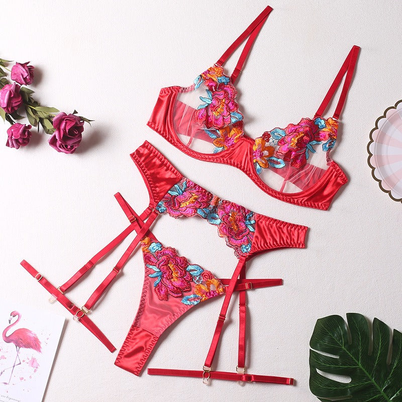 Sexy Colorful Embroidered Large Flowers With Steel Ring Bra Garter Belt Leggings Thong Erotic Underwear 4Pcs Set eprolo