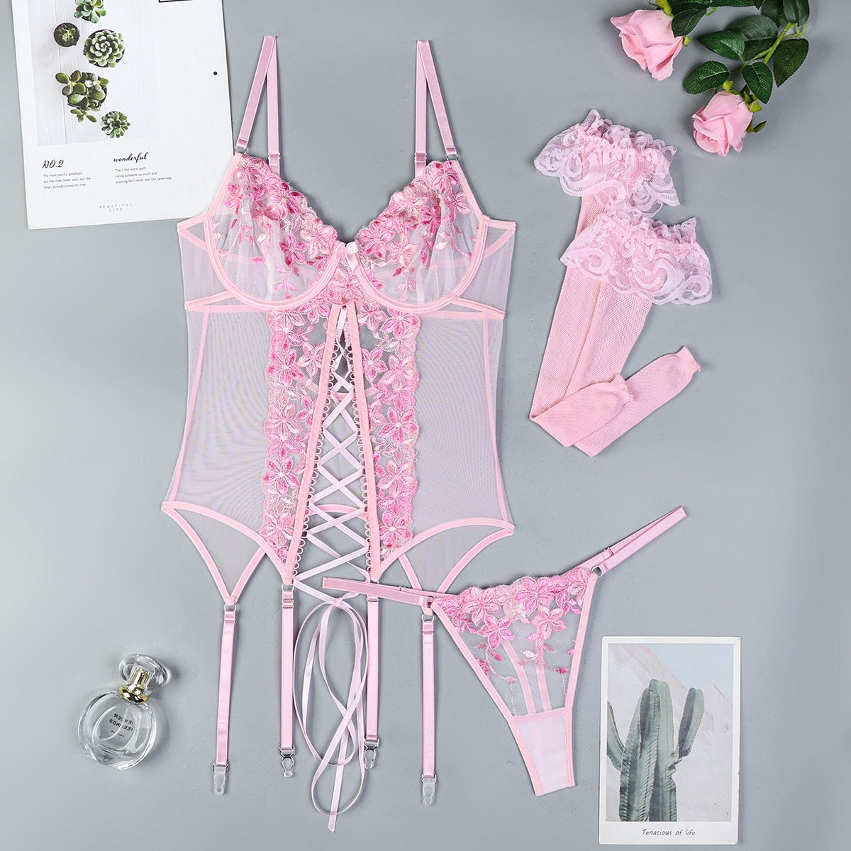 Embroidered Flower Slit Strap Sexy Lingerie European and American Women's Clothing Strap Set Stockings Three-Piece Erotic Set eprolo
