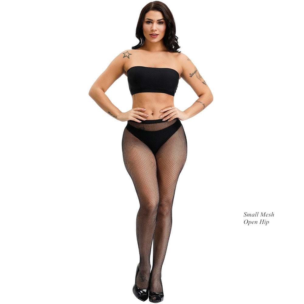 Eprolo women's large size fishnet crotchless bodystocking lingerie with open crotch and sexy, erotic design in black.