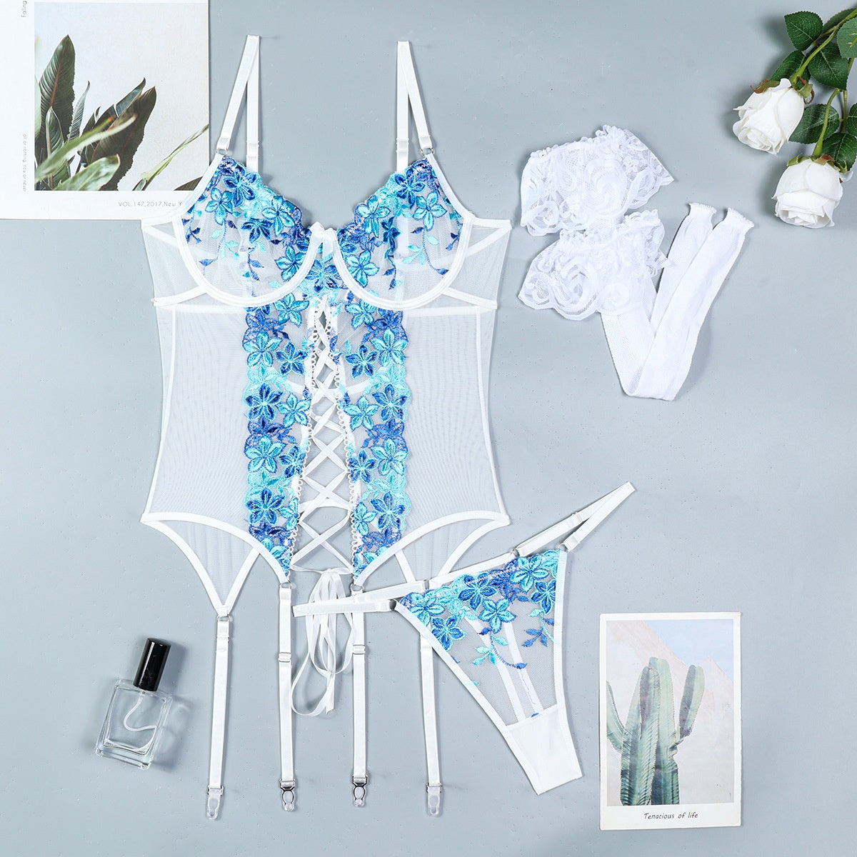 Embroidered Flower Slit Strap Sexy Lingerie European and American Women's Clothing Strap Set Stockings Three-Piece Erotic Set eprolo