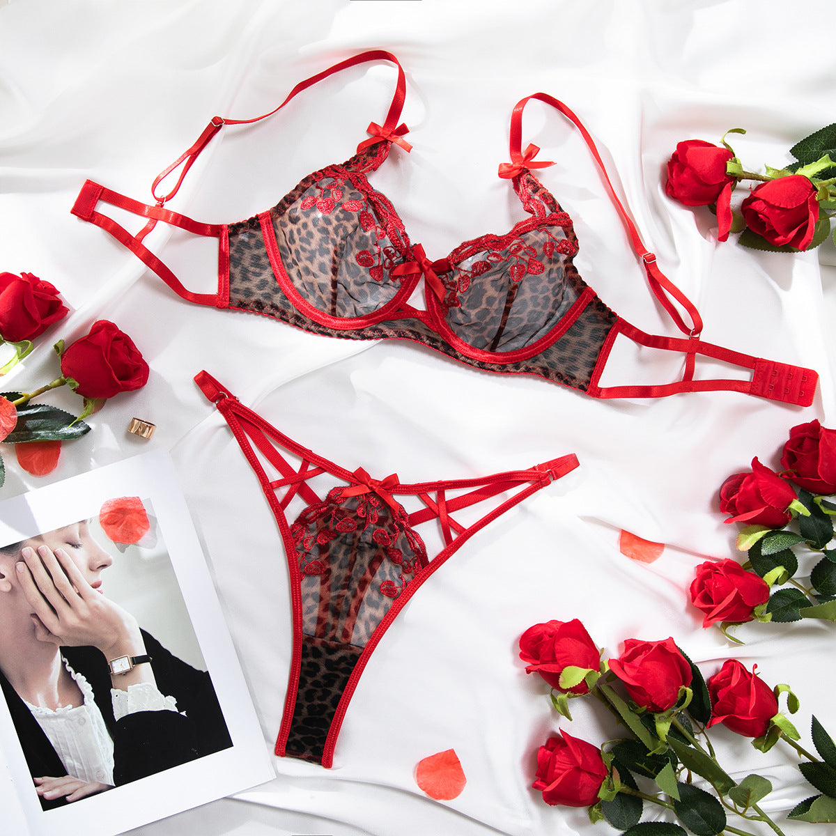 Sexy Leopard Print Red Embroidered Cherry Thin Push-Up Bow Bra Women's Two-Piece Set eprolo