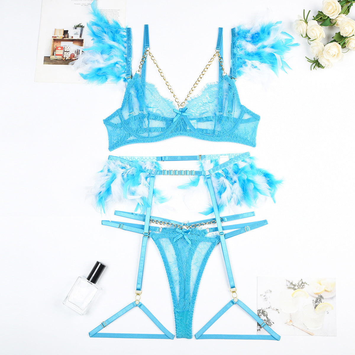 Feather Sexy Lingerie with Chain Lace Transparent Mesh Set for Women eprolo