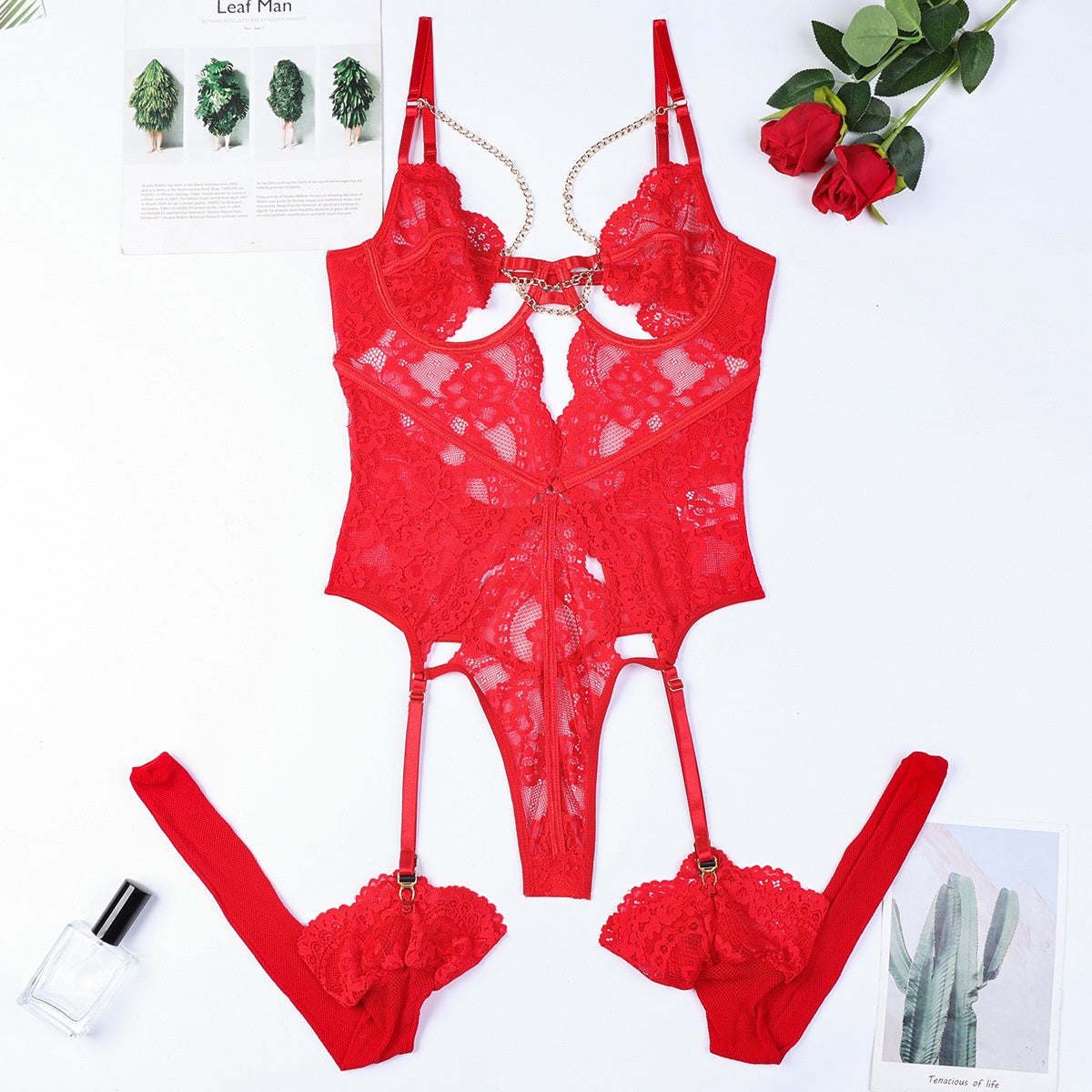 Red Lace  Women's Fashion Sexy Deep V-Neck Metal Chain Hollow Out Erotic Bodysuit