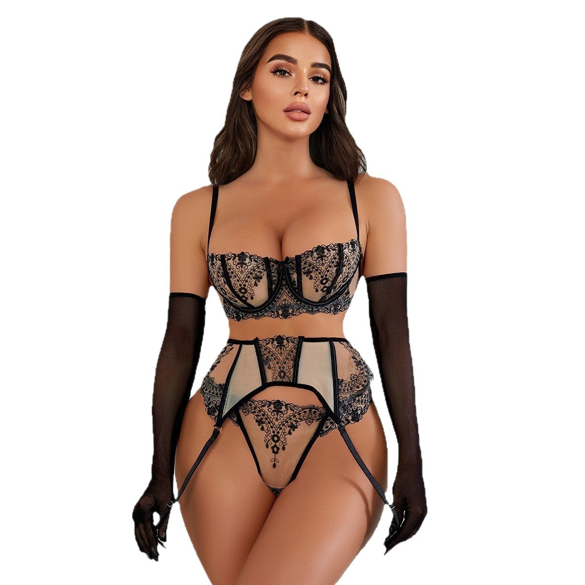 Floral Embroidery Patchwork Sheer Mesh Sexy Lingerie Set for Women eprolo