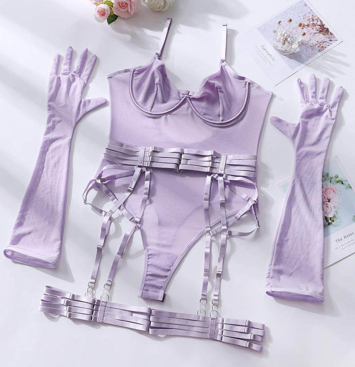 Tulle Bodysuit Lingerie Set with Gloves & Garter – Sheer Mesh Underwear