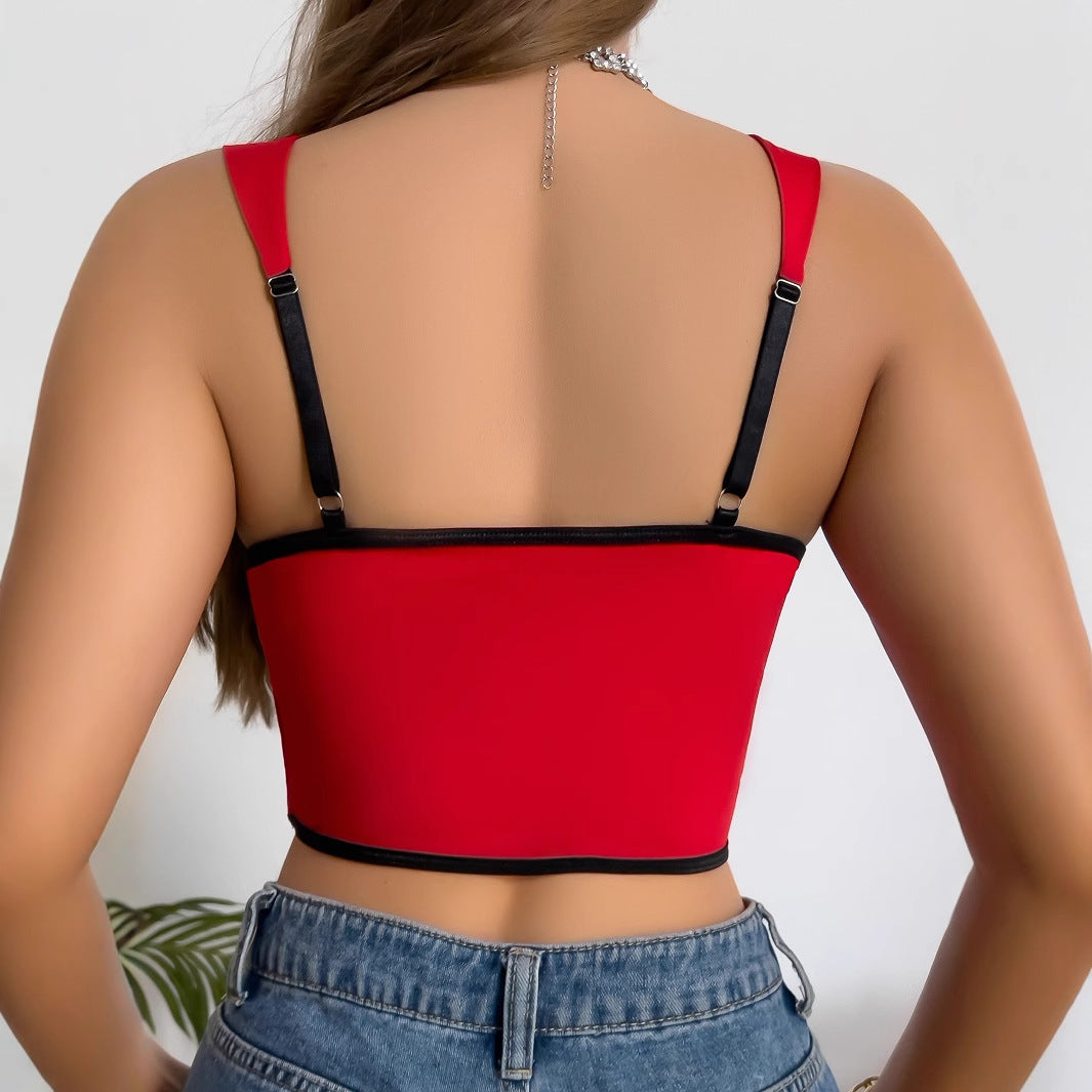 Square Neck Steel Ring Camisole Vest – Low-Cut Crop Top in Red | KYLALINGERIE