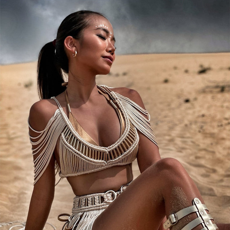 Women's handmade woven tassel long skirt, new creative Greek goddess outfit, beach travel sexy split body wrapped chest eprolo