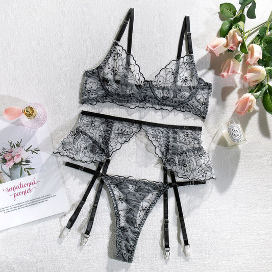 Embroidery Perspective Ruffles with Steel Rims Sexy Lingerie 3-piece Set eprolo