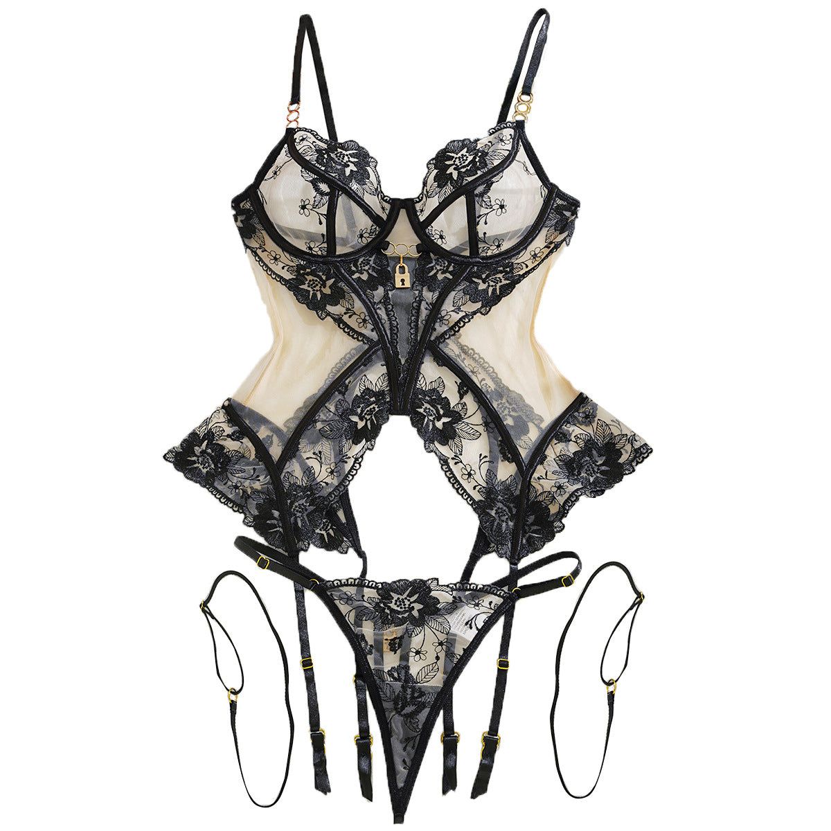 Sexy Bra Set Sheer Mesh Thin Lace Temptation Underwear Three-Piece Set eprolo