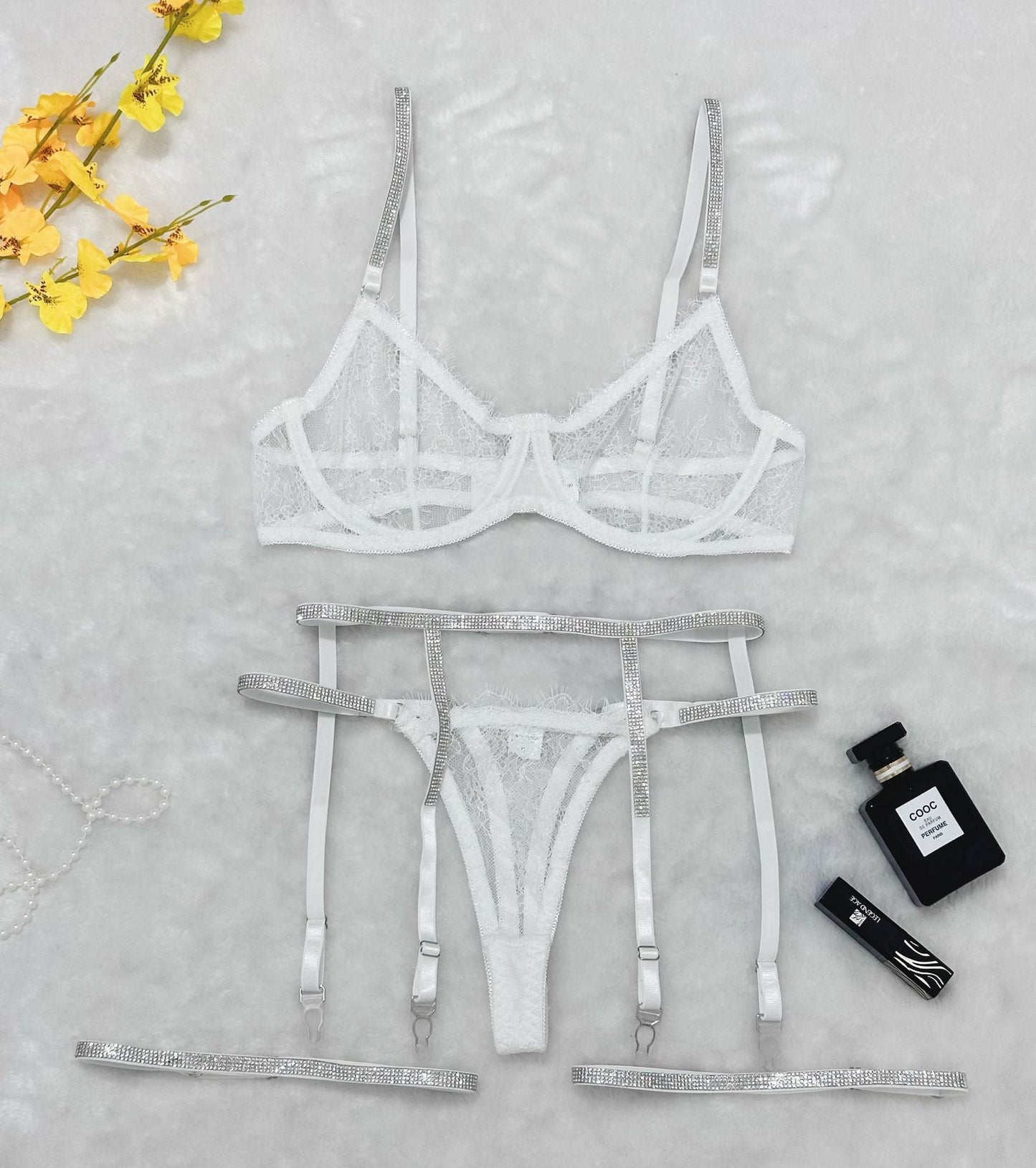 Cross-border Sexy Lingerie Lace Trim Rhinestone Transparent Thong Garter Belt Four-piece Set eprolo
