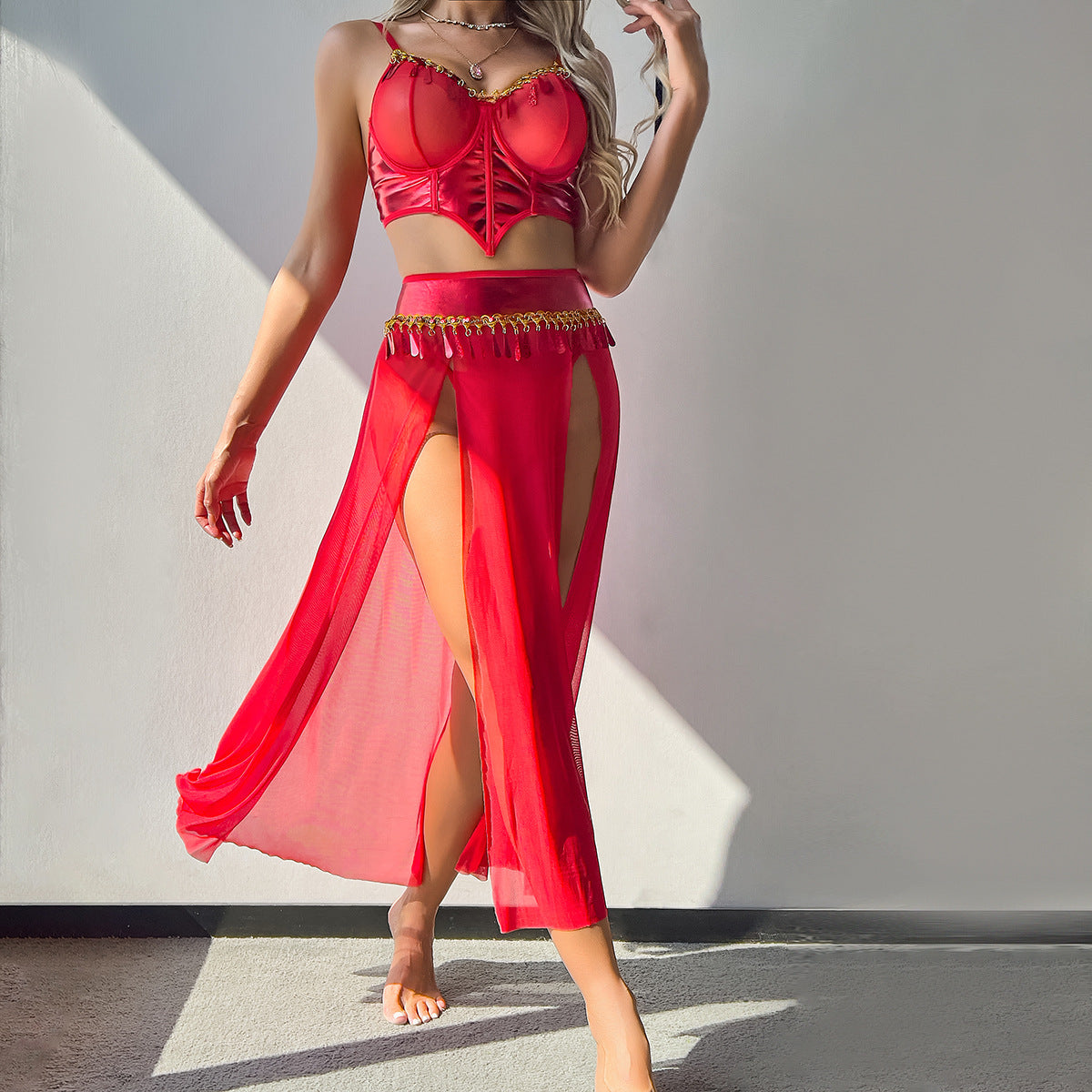 European and American Style Costume Dressing Party Red High-Waisted Slit Sheer Skirt Three-Piece Set Women's Lingerie eprolo