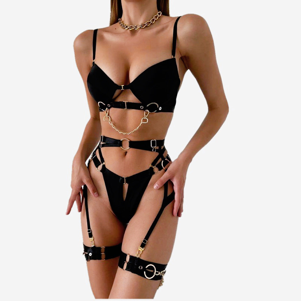 Sexy  Metal Chain Motorcycle Accessories Complex Craft Front Button Erotic Underwear Four-Piece Set eprolo