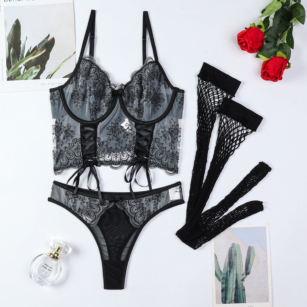 High-Quality Precision Embroidery 3D Floral European and American Sexy Lingerie Bondage Cross Set Three-Piece Suit