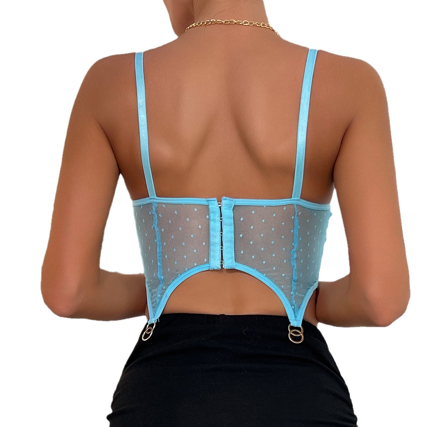 Floral Embroidery Crop Tank Top – Colour Block Chest Lining in Lake Blue | KYLALINGERIE