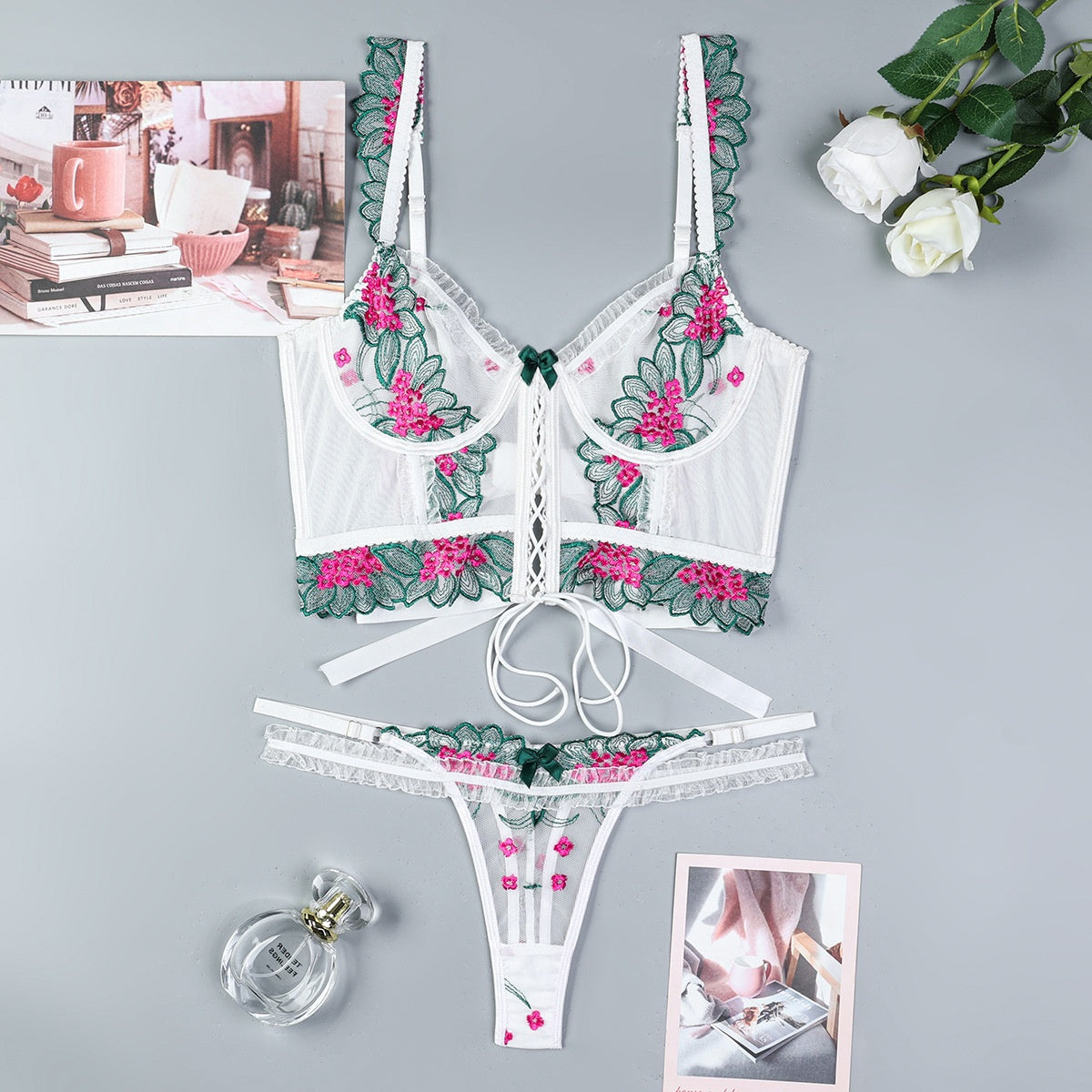 Women's Embroidered Floral Splicing Strap Crossed Complex Lingerie 2-Piece Set eprolo