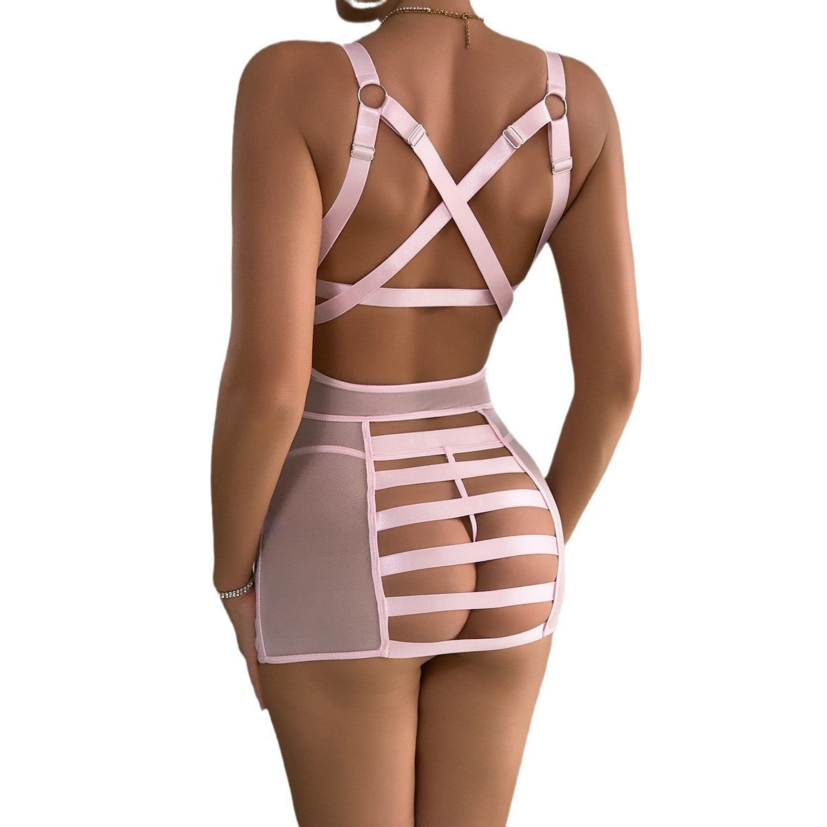 Backless Hollow Cross-Tied European and American PU Leather Hollow Fitted Bodycon Dress and Lingerie Two-Piece Set eprolo