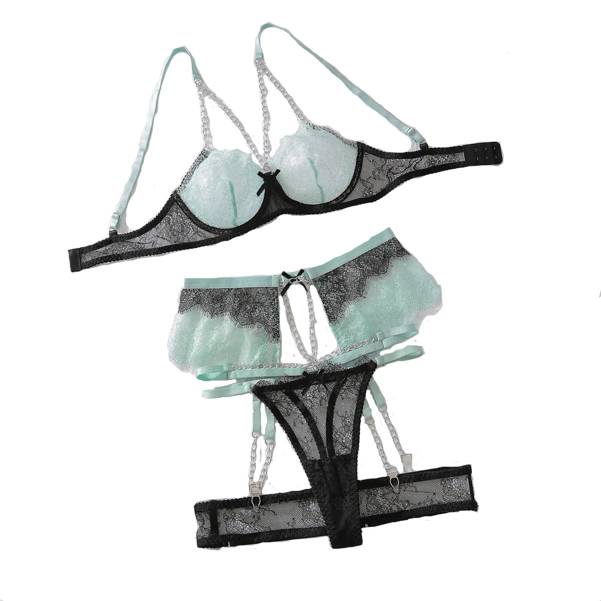Heavy craftsmanship chain decoration contrasting lace lace lace shaping sexy lingerie split set eprolo