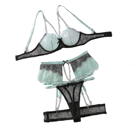 Heavy craftsmanship chain decoration contrasting lace lace lace shaping sexy lingerie split set eprolo