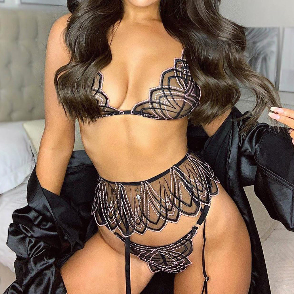 Mesh Perspective Slimming Bra Set Sexy Underwear Underwear 3-Piece Set