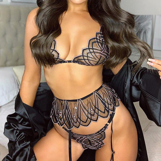 Mesh Perspective Slimming Bra Set Sexy Underwear Underwear 3-Piece Set