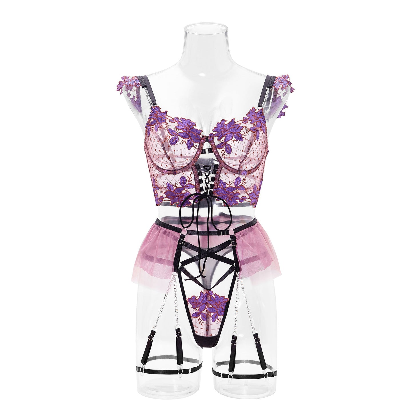 Thin Embroidered Bra Set Mesh Flower Underwear Women's garter Belt eprolo
