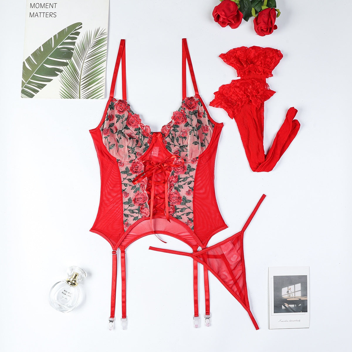Floral Embroidery Cross-Tie Women's Sexy Lingerie Set Red Valentine's Day Gift Three-Piece Set