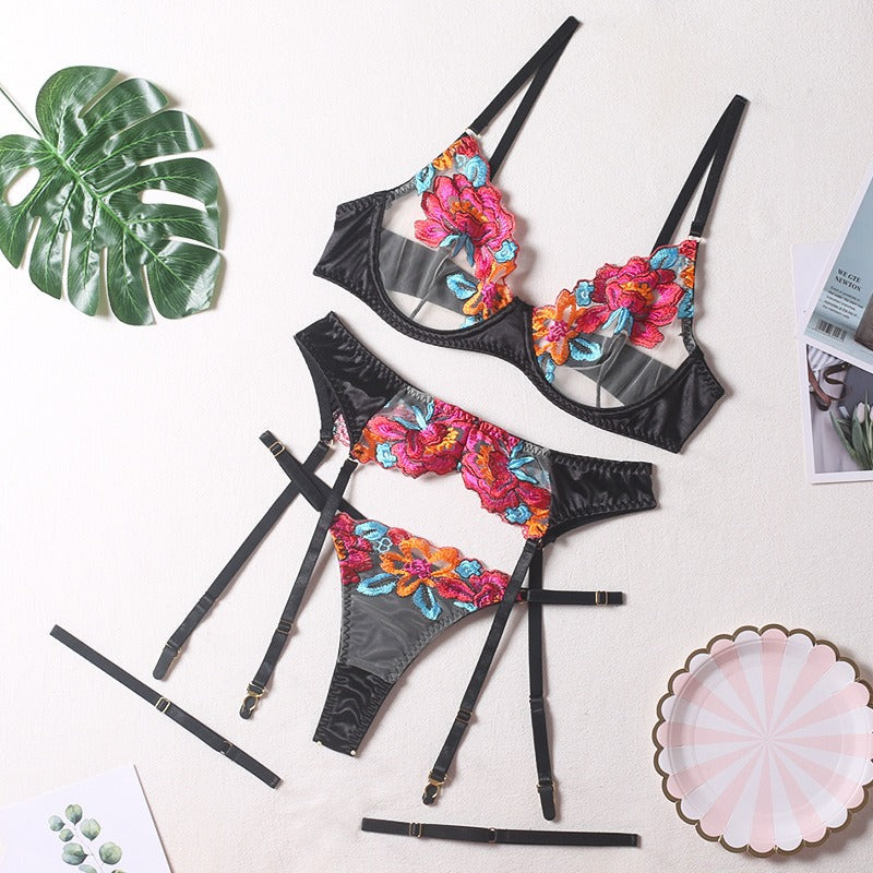 Sexy Colorful Embroidered Large Flowers With Steel Ring Bra Garter Belt Leggings Thong Erotic Underwear 4Pcs Set eprolo