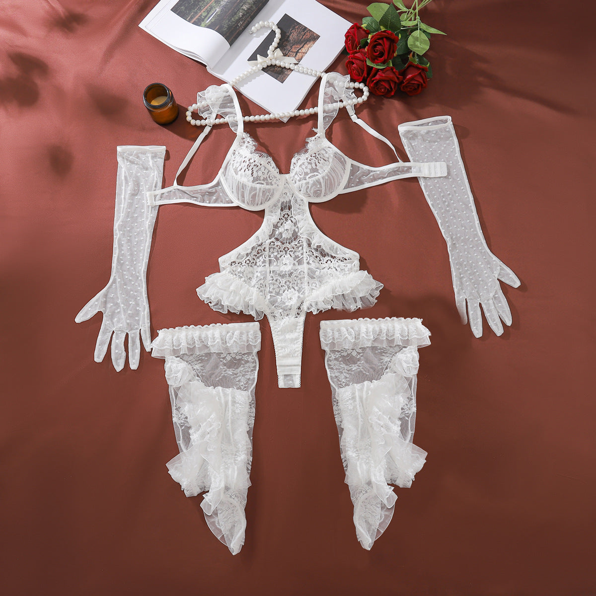 Sexy lace lingerie three piece set pure desire mesh see through splicing lace fun jumpsuit eprolo